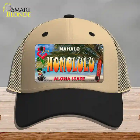 Honolulu Hawaii State Novelty License Plate Hat Mesh / Khaki|Black