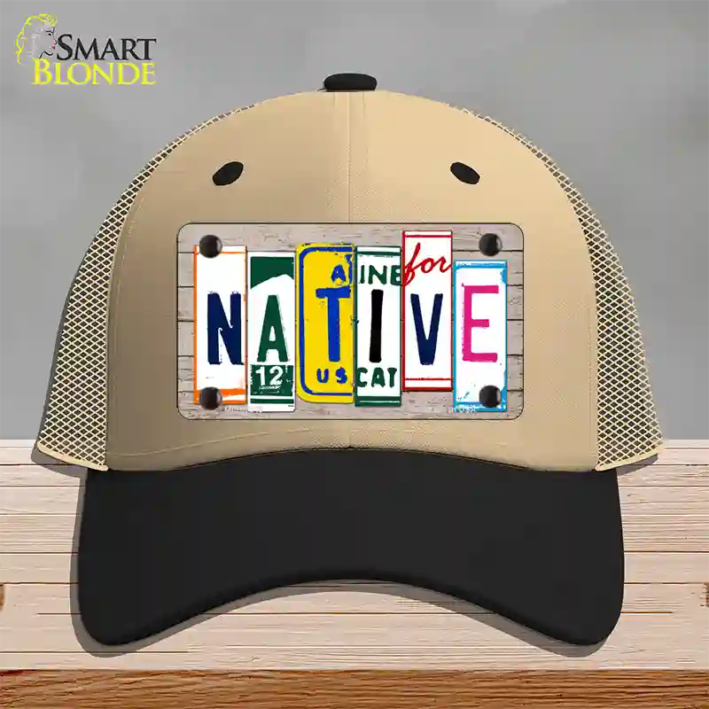 Native License Plate Art Wood Novelty License Plate Hat Mesh / Khaki|Black