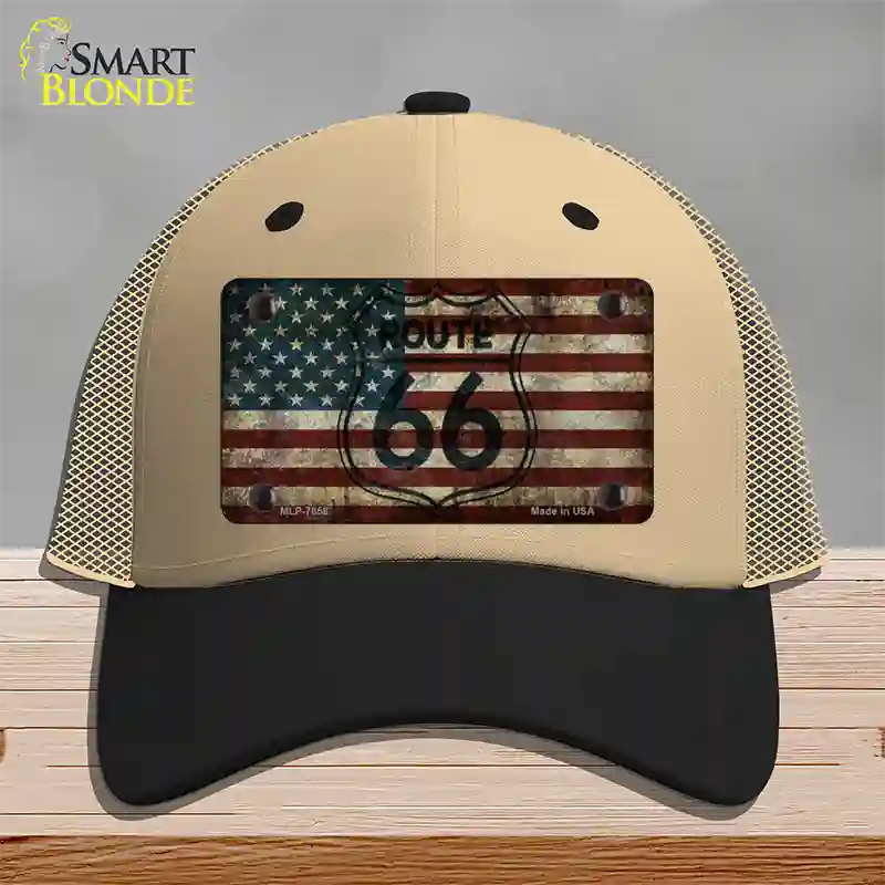 Route 66 American Flag Transparent Novelty License Plate Hat Mesh / Khaki|Black