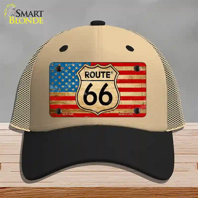 Route 66 American Flag Novelty License Plate Hat Mesh / Khaki|Black