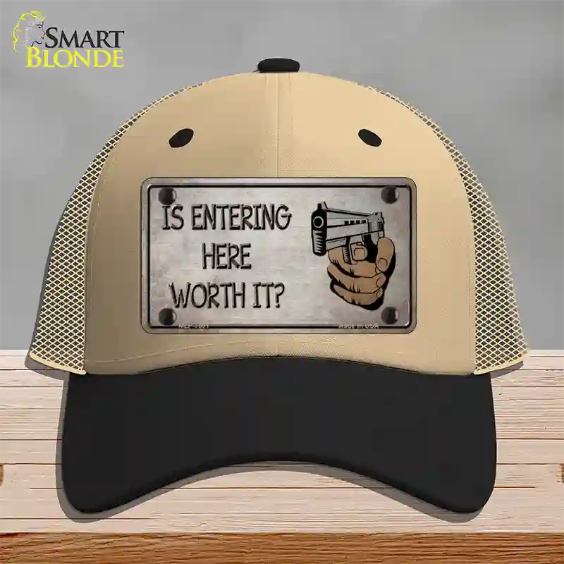 Entering Worth It Novelty License Plate Hat Mesh / Khaki|Black