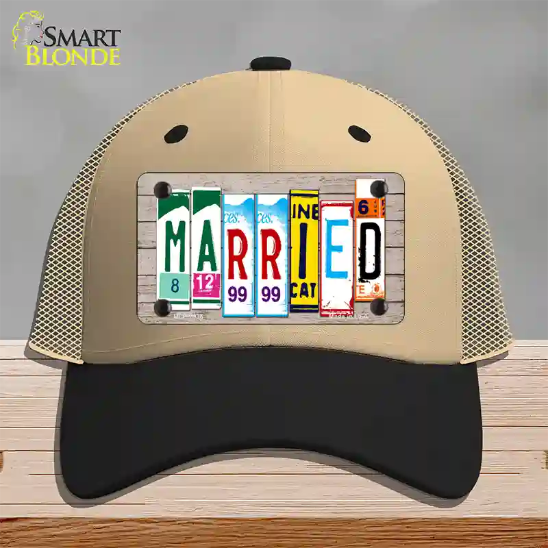 Married Wood License Plate Art Novelty License Plate Hat Mesh / Khaki|Black