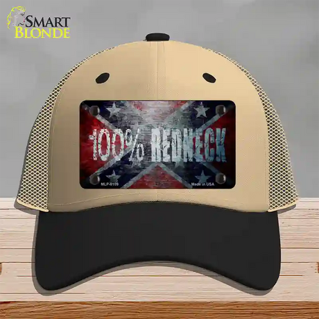 100% Redneck Confederate Novelty License Plate Hat Mesh / Khaki|Black