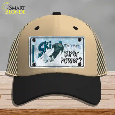 I Ski What's Your Super Power Male Novelty License Plate Hat Mesh / Khaki|Black