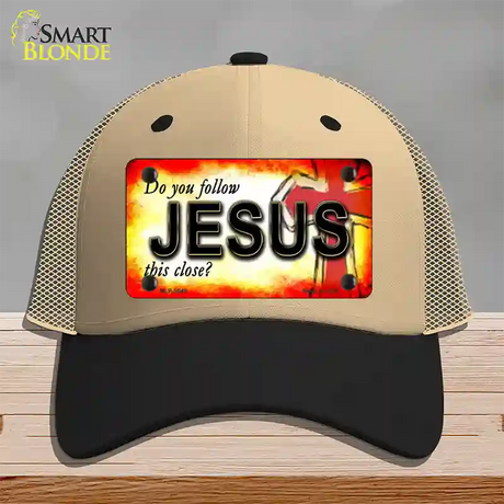 Follow Jesus This Close Novelty License Plate Hat Mesh / Khaki|Black