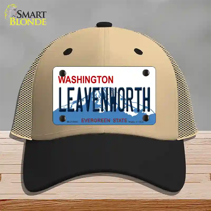 Leavenworth Washington Novelty License Plate Hat Mesh / Khaki|Black