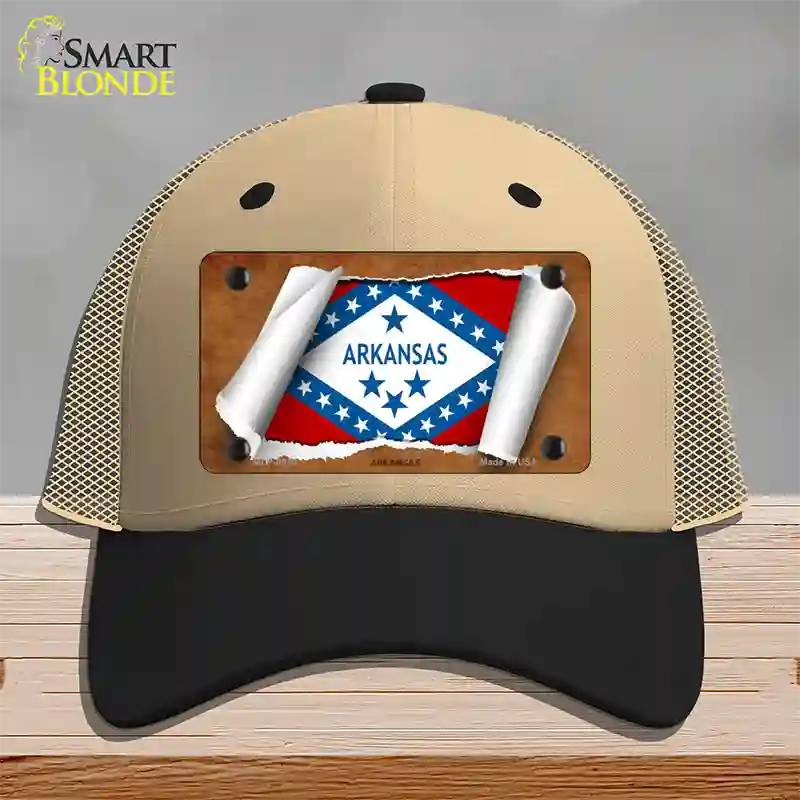 Arkansas Flag Scroll Novelty License Plate Hat Mesh / Khaki|Black