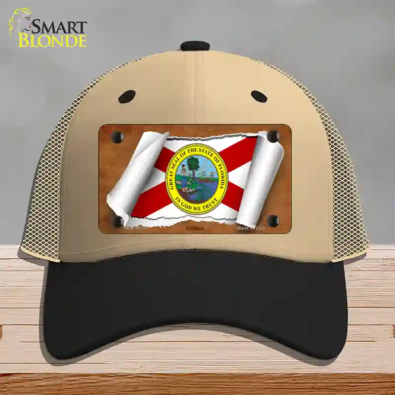 Florida Flag Scroll Novelty License Plate Hat Mesh / Khaki|Black