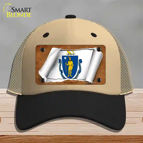 Massachusetts Flag Scroll Novelty License Plate Hat Mesh / Khaki|Black