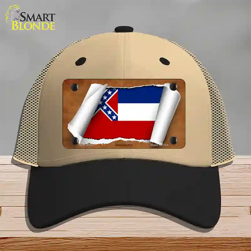 Mississippi Flag Scroll Novelty License Plate Hat Mesh / Khaki|Black