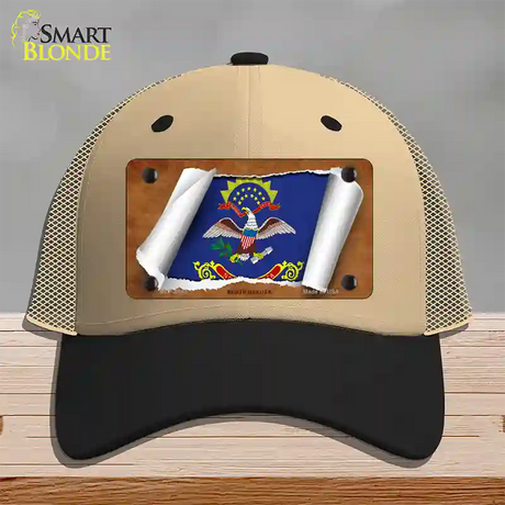 North Dakota Flag Scroll Novelty License Plate Hat Mesh / Khaki|Black