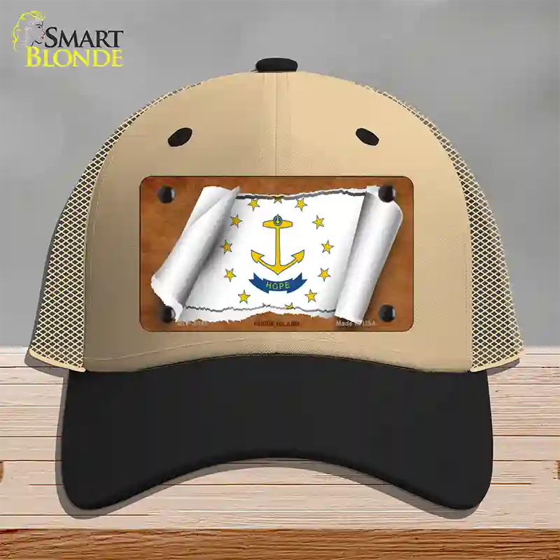 Rhode Island Flag Scroll Novelty License Plate Hat Mesh / Khaki|Black