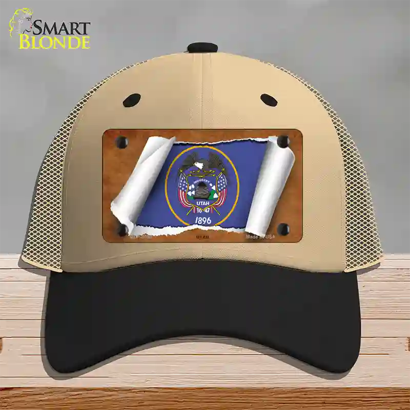 Utah Flag Scroll Novelty License Plate Hat Mesh / Khaki|Black