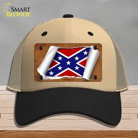 Confederate Flag Scroll Novelty License Plate Hat Mesh / Khaki|Black