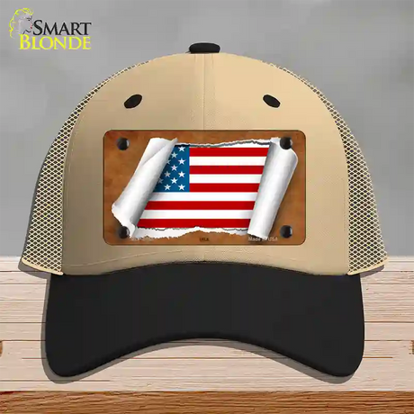 American Flag Scroll Novelty License Plate Hat Mesh / Khaki|Black