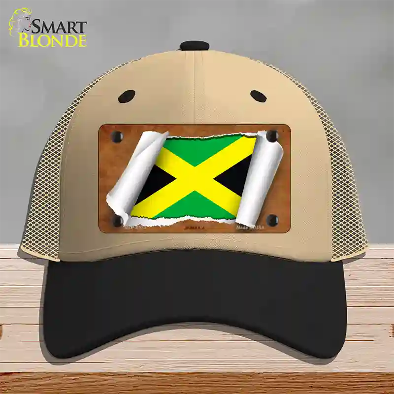 Jamaica Flag Scroll Novelty License Plate Hat Mesh / Khaki|Black