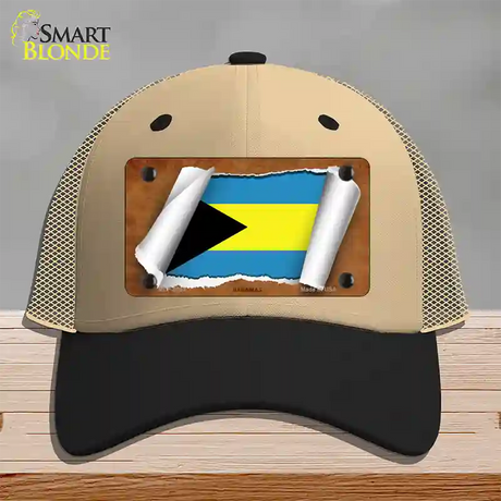 Bahamas Flag Scroll Novelty License Plate Hat Mesh / Khaki|Black