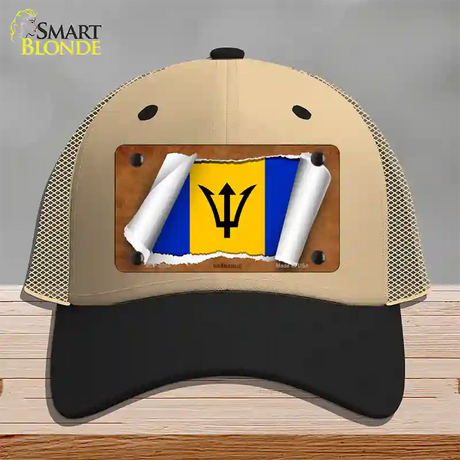 Barbados Flag Scroll Novelty License Plate Hat Mesh / Khaki|Black