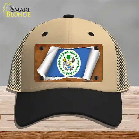 Belize Flag Scroll Novelty License Plate Hat Mesh / Khaki|Black