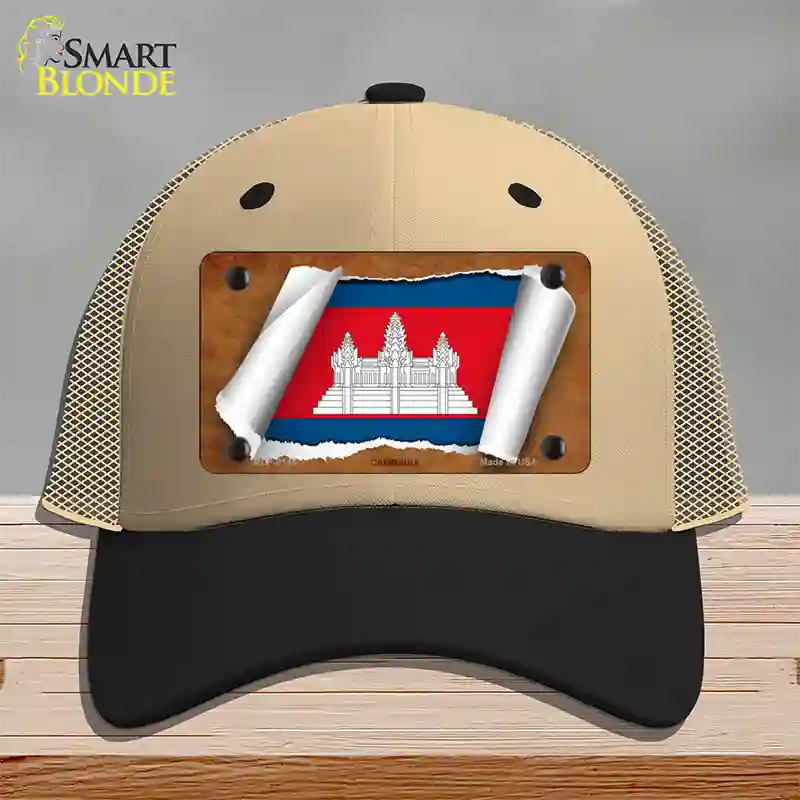 Cambodia Flag Scroll Novelty License Plate Hat Mesh / Khaki|Black