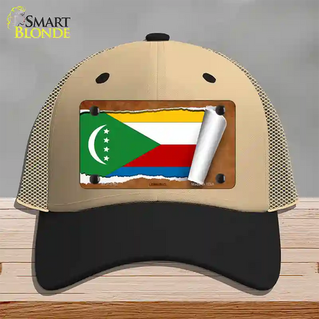 Comoros Flag Scroll Novelty License Plate Hat Mesh / Khaki|Black