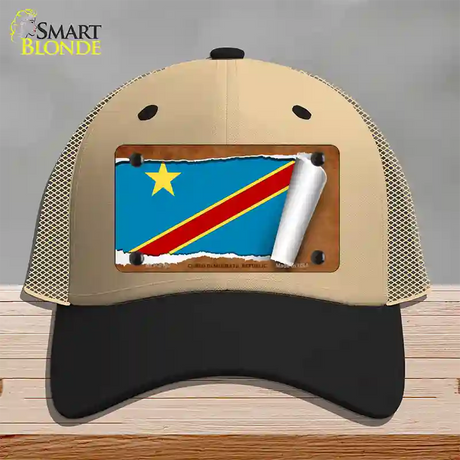 Congo Democratic Republic Flag Scroll Novelty License Plate Hat Mesh / Khaki|Black