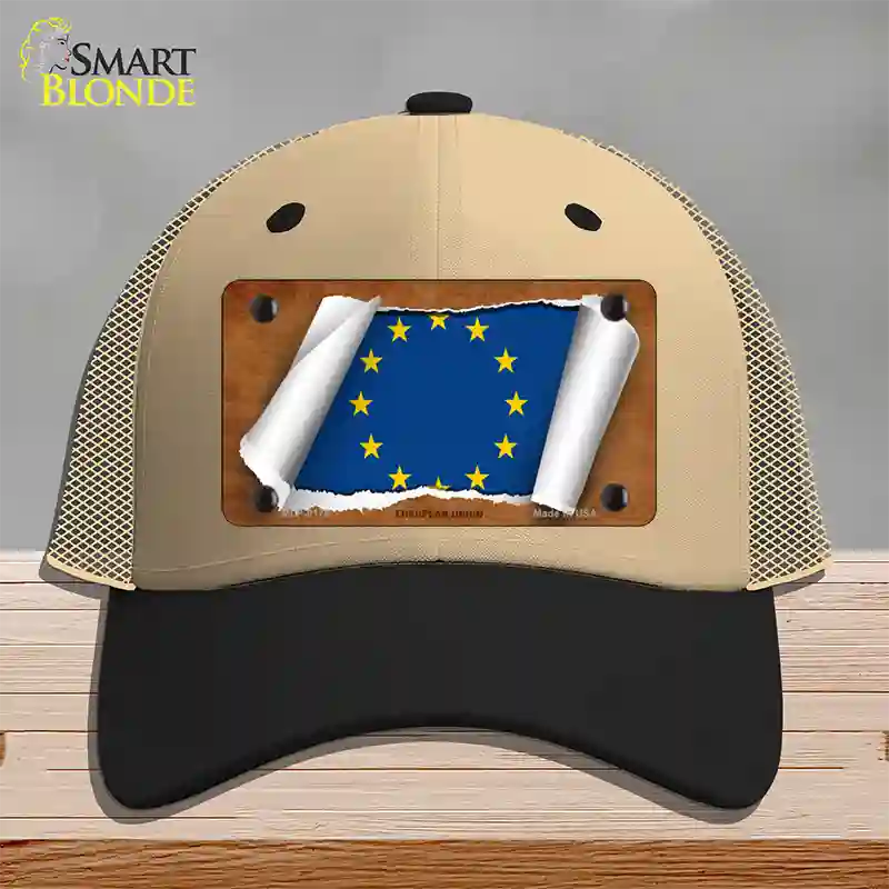 European Union Flag Scroll Novelty License Plate Hat Mesh / Khaki|Black