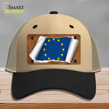 European Union Flag Scroll Novelty License Plate Hat Mesh / Khaki|Black