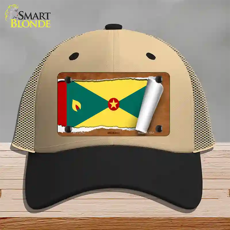 Grenada Flag Scroll Novelty License Plate Hat Mesh / Khaki|Black