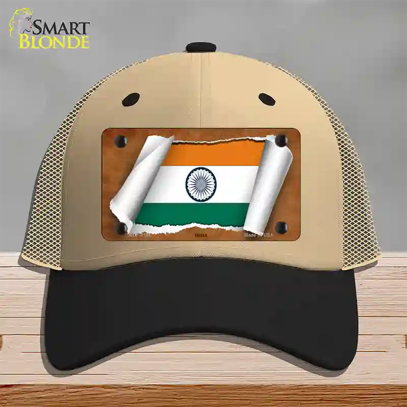 India Flag Scroll Novelty License Plate Hat Mesh / Khaki|Black