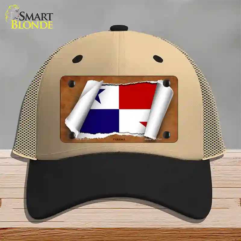 Panama Flag Scroll Novelty License Plate Hat Mesh / Khaki|Black