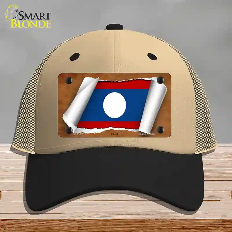 Laos Flag Scroll Novelty License Plate Hat Mesh / Khaki|Black