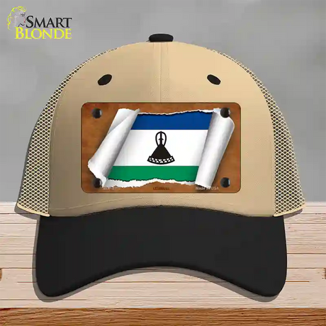 Lesotho Flag Scroll Novelty License Plate Hat Mesh / Khaki|Black