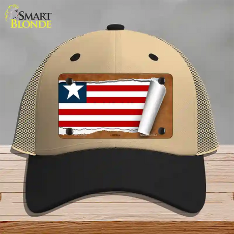 Liberia Flag Scroll Novelty License Plate Hat Mesh / Khaki|Black