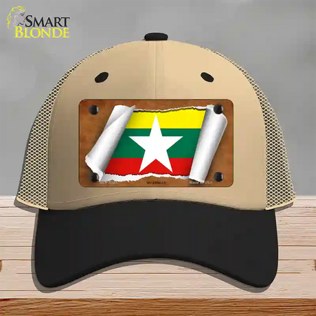 Myanmar Flag Scroll Novelty License Plate Hat Mesh / Khaki|Black