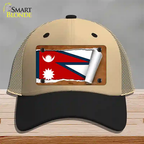 Nepal Flag Scroll Novelty License Plate Hat Mesh / Khaki|Black