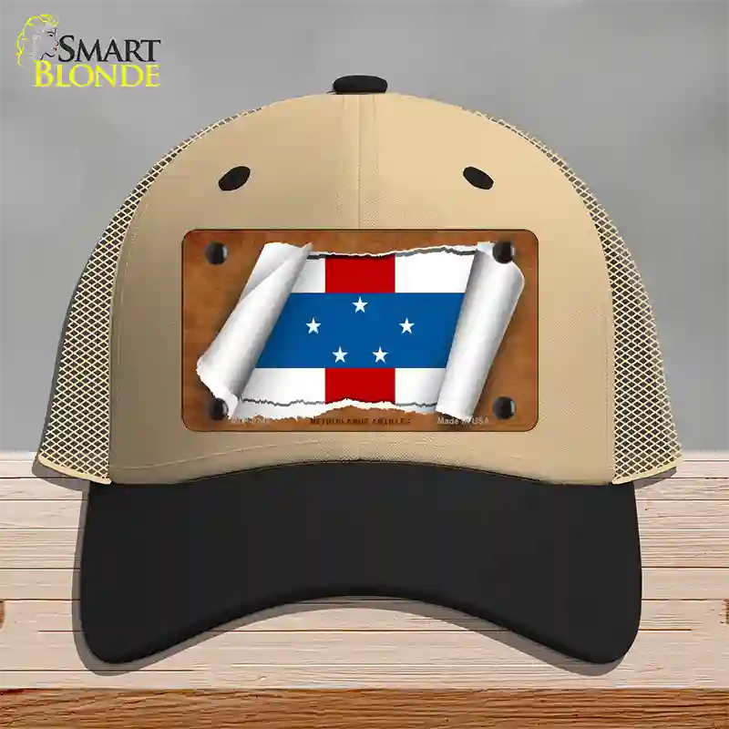 Netherlands Antilles Flag Scroll Novelty License Plate Hat Mesh / Khaki|Black