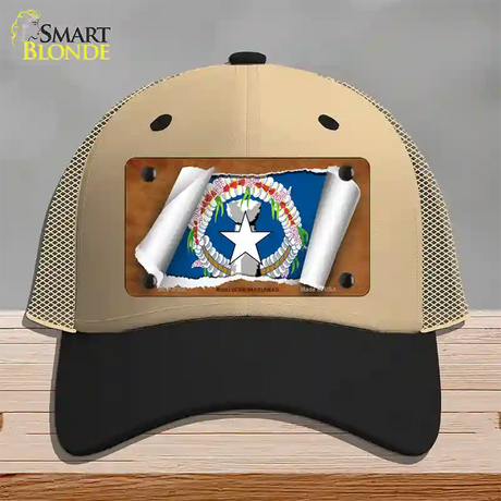 Northern Marianas Flag Scroll Novelty License Plate Hat Mesh / Khaki|Black