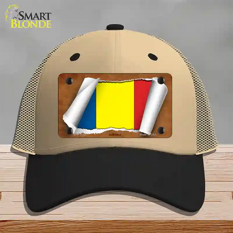 Romania Flag Scroll Novelty License Plate Hat Mesh / Khaki|Black