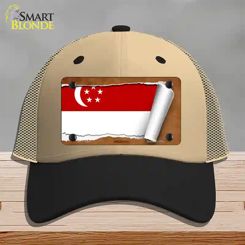 Singapore Flag Scroll Novelty License Plate Hat Mesh / Khaki|Black