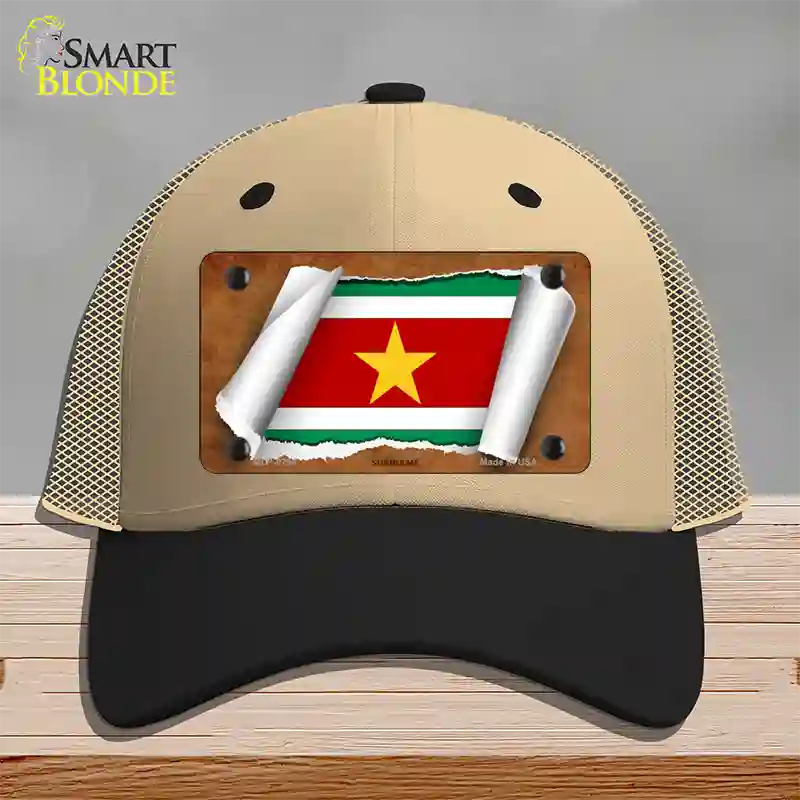 Suriname Flag Scroll Novelty License Plate Hat Mesh / Khaki|Black