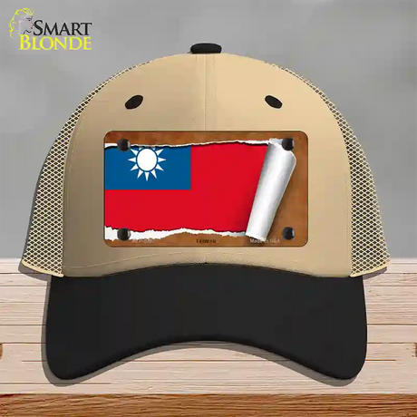 Taiwan Flag Scroll Novelty License Plate Hat Mesh / Khaki|Black