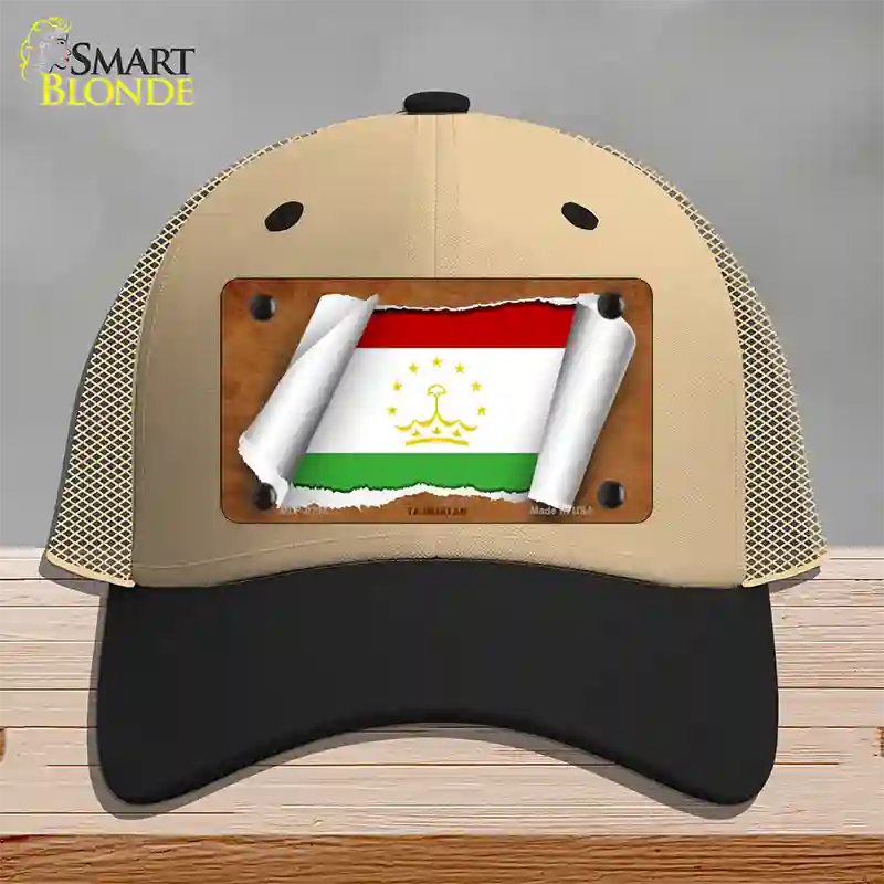 Tajikistan Flag Scroll Novelty License Plate Hat Mesh / Khaki|Black