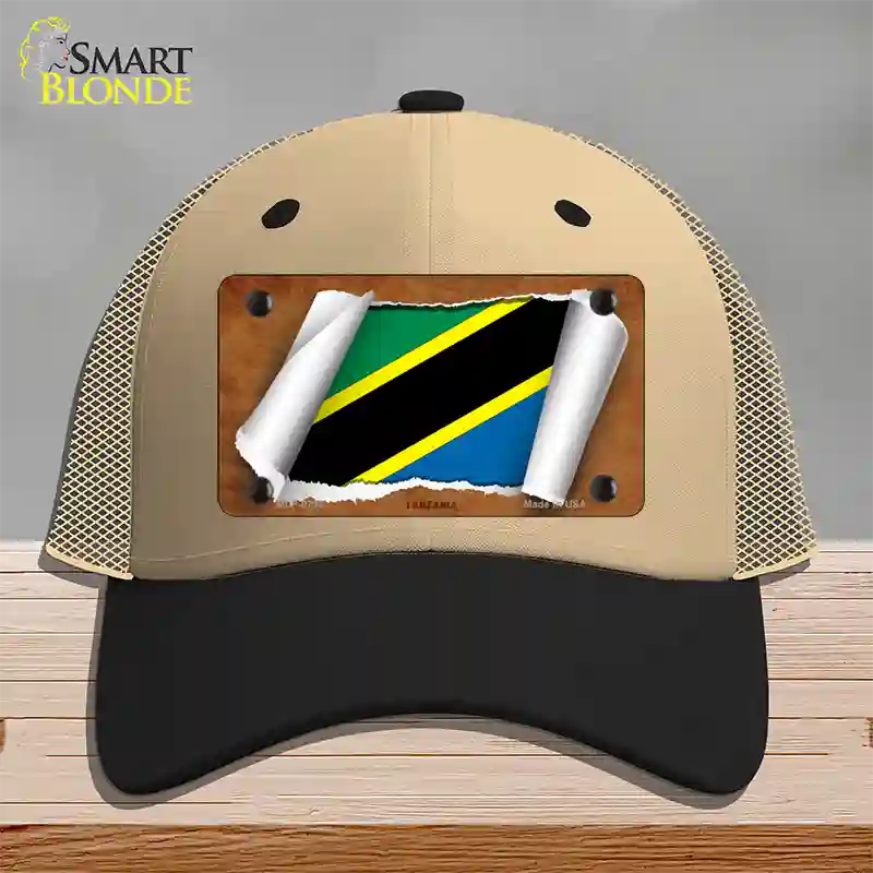 Tanzania Flag Scroll Novelty License Plate Hat Mesh / Khaki|Black