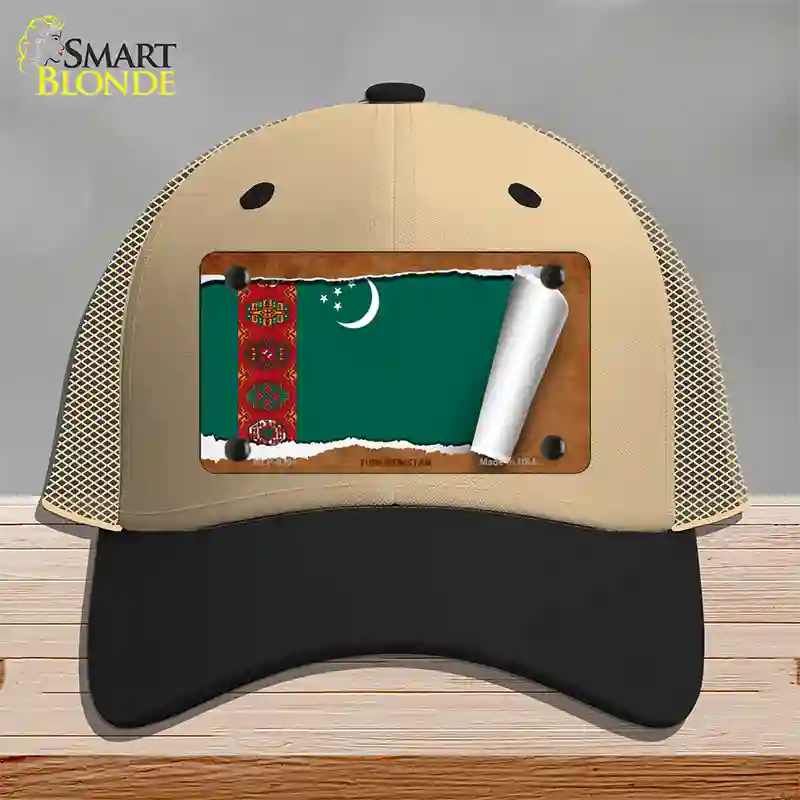 Turkmenistan Flag Scroll Novelty License Plate Hat Mesh / Khaki|Black