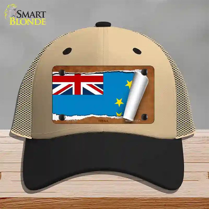 Tuvalu Flag Scroll Novelty License Plate Hat Mesh / Khaki|Black