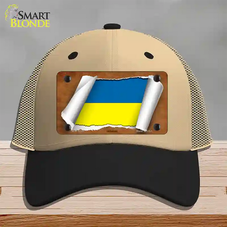 Ukraine Flag Scroll Novelty License Plate Hat Mesh / Khaki|Black