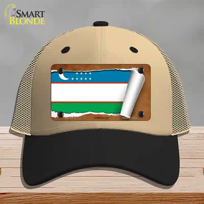 Uzbekistan Flag Scroll Novelty License Plate Hat Mesh / Khaki|Black