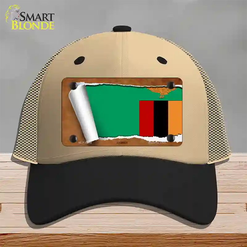 Zambia Flag Scroll Novelty License Plate Hat Mesh / Khaki|Black