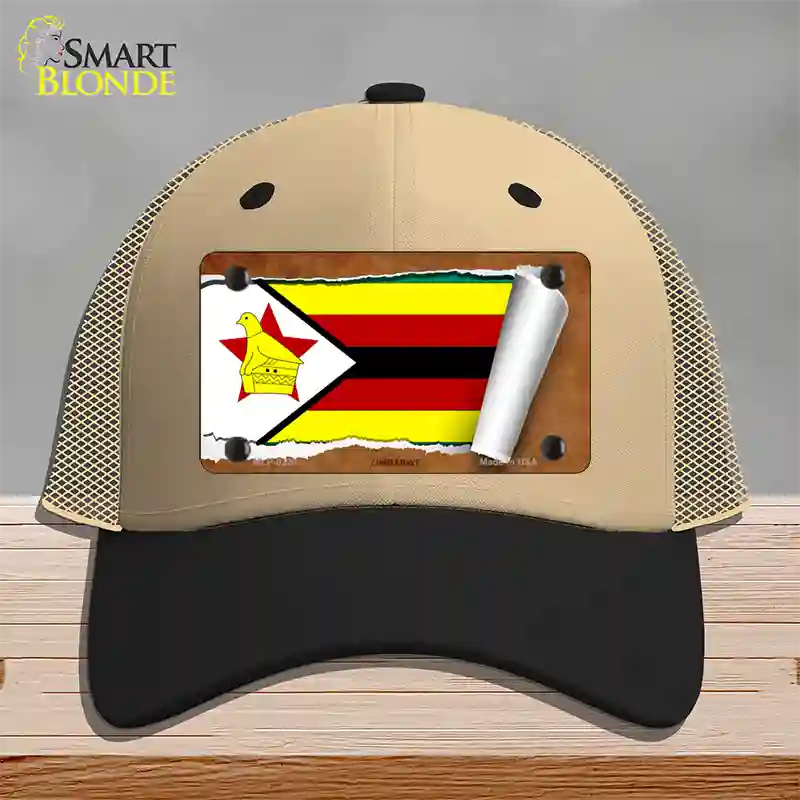 Zimbabwe Flag Scroll Novelty License Plate Hat Mesh / Khaki|Black